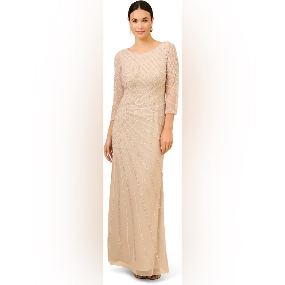 Adrianna Papell NWOT Long Sleeve Beaded Long Gown with Starburst Bead Pattern